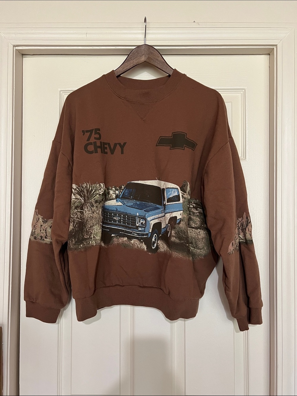 Brown Crewneck Sweatshirt with '75 Chevy bronco Graphic